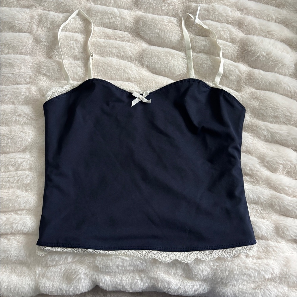 Edikted Navy Blue Cami with Lace and Bow